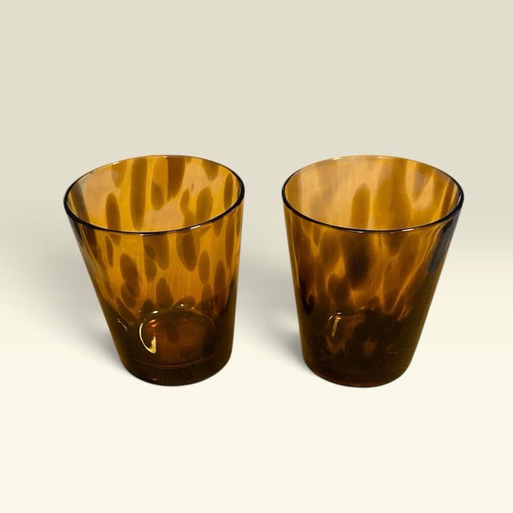 Vintage Amber Tortoiseshell Old Fashioned Glasses Set of 2 Mid Century Modern
